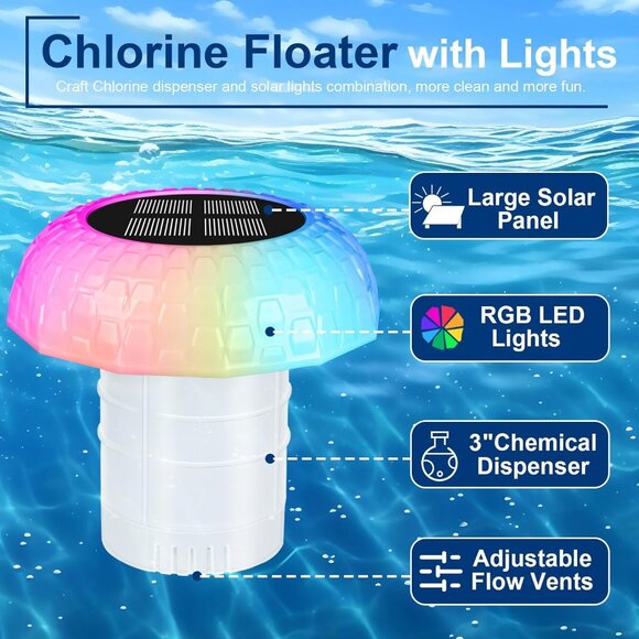 Solar Pool Chlorine Floater, Chlorine Tablet Floater with Colorful Lights 3โ Tab - Picture 2 of 7